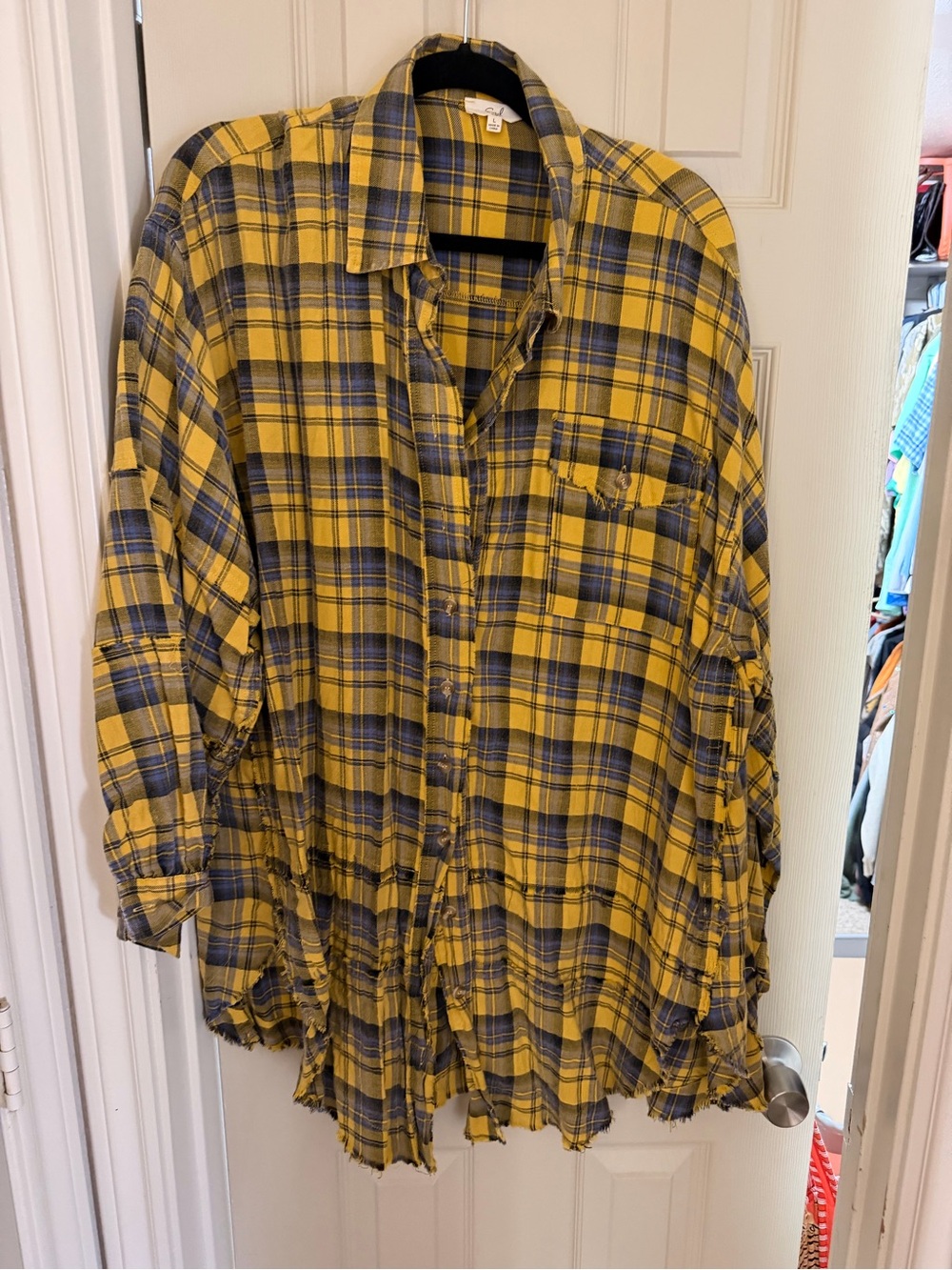Easel Yellow & Navy Plaid oversized Button-Up Shirt size L
